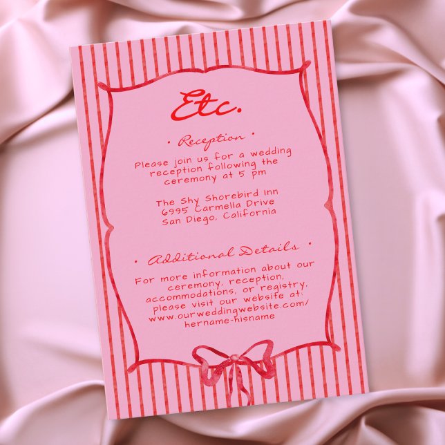 Whimsical Red Pink Watercolor Bow Stripe Wedding Enclosure Card (Whimsical Red Pink Watercolor Bow Stripe Wedding Enclosure Card)