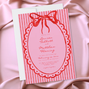 Whimsical Red Pink Watercolor Bow Stripe Wedding Invitation