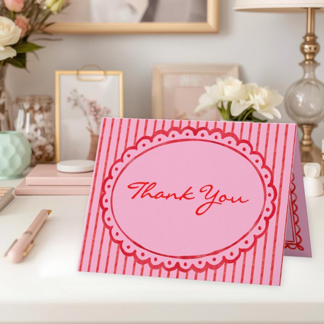 Whimsical Red Pink Watercolor Stripe Wedding Thank You Card (Whimsical Red Pink Watercolor Bow Stripe Wedding Thank You Card)