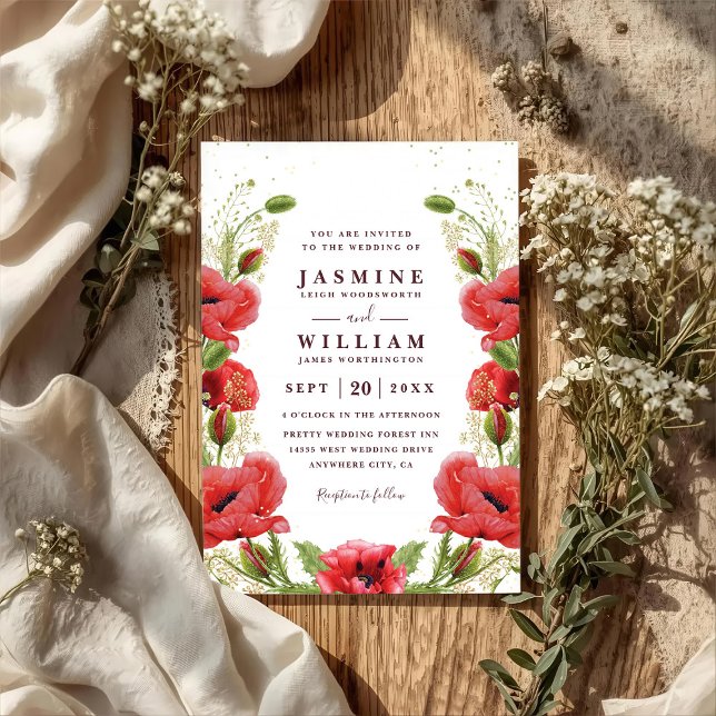 Whimsical Red Poppies Floral Chic QR Code Wedding Invitation (Creator Uploaded)