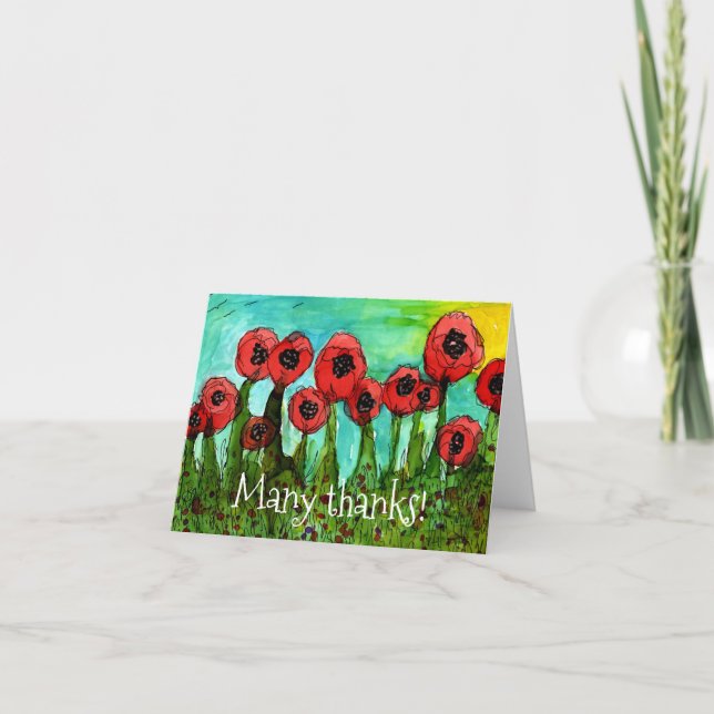 Whimsical Red Poppies Thank You Greeting Card (Front)