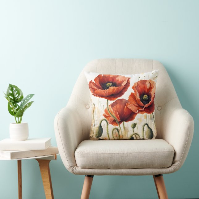 Whimsical Red Poppies Throw Pillow (Chair)