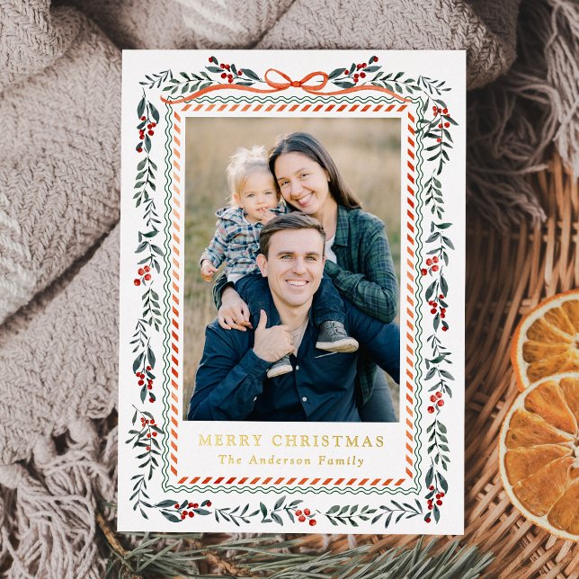 Whimsical Red Ribbon and Greenery 2 Photo Foil Holiday Card (Creator Uploaded)