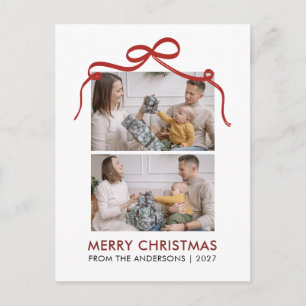 Whimsical Red Ribbon Arch Merry Christmas 2 Photo Holiday Postcard