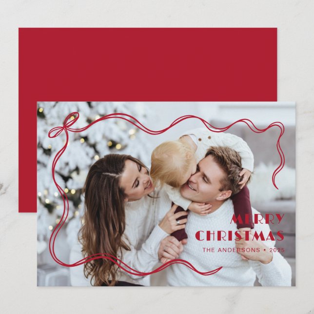 Whimsical Red Ribbon Family Photo Merry Christmas Holiday Card (Front/Back)