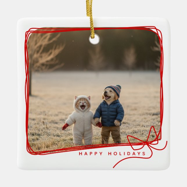 Whimsical Red Ribbon Frame Holiday Photo Ceramic Ornament (Front)