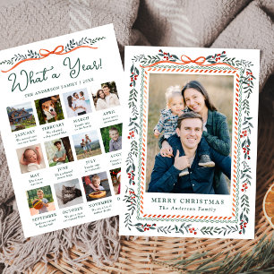 Whimsical Red Ribbon Greenery Year in Review Photo Holiday Card