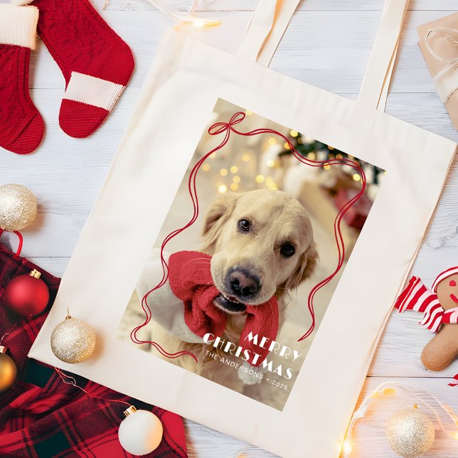 Whimsical Red Ribbon Merry Christmas Pet Photo Tote Bag (Creator Uploaded)