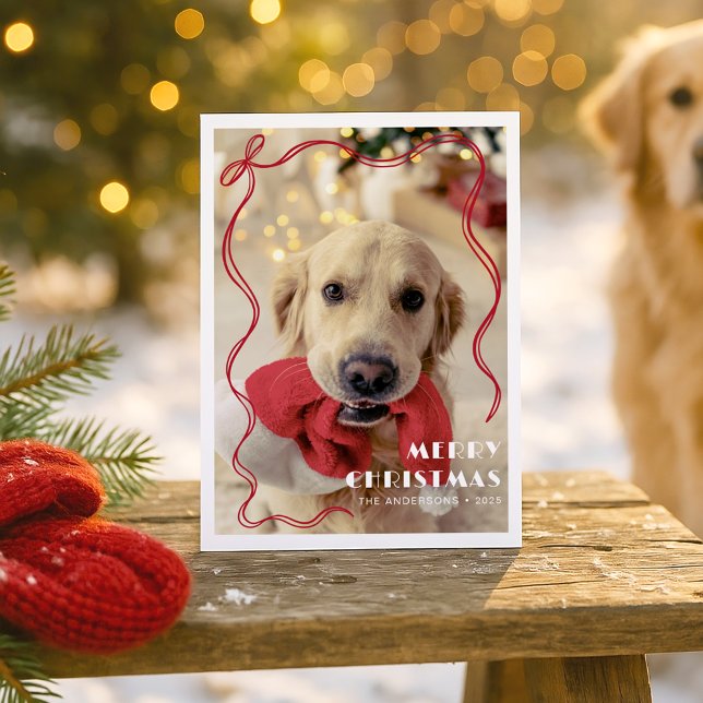 Whimsical Red Ribbon Pet Photo Merry Christmas Holiday Card (Creator Uploaded)