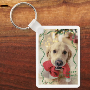 Whimsical Red Ribbon Pet Photo Merry Christmas Key Ring