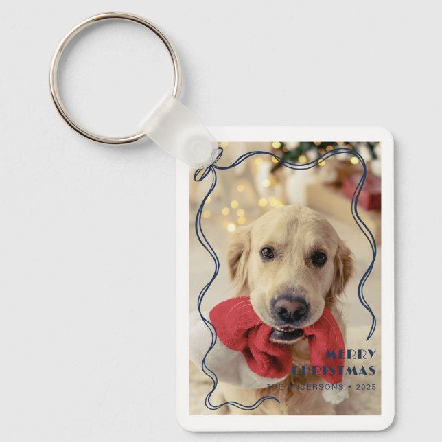 Whimsical Red Ribbon Pet Photo Merry Christmas Key Ring (Front)