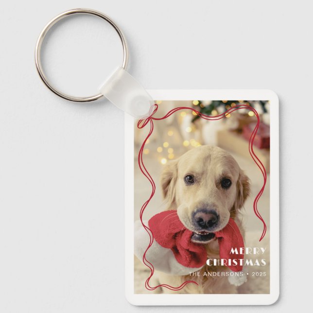 Whimsical Red Ribbon Pet Photo Merry Christmas Key Ring (Front)