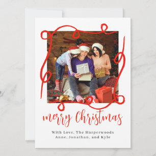 Whimsical Red Scribble Ribbon Arch Photo Christmas Holiday Card