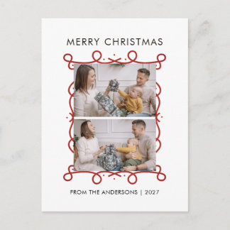 Whimsical Red Scroll Frame Merry Christmas 2 Photo Holiday Postcard