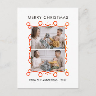 Whimsical Red Scroll Frame Merry Christmas 2 Photo Holiday Postcard