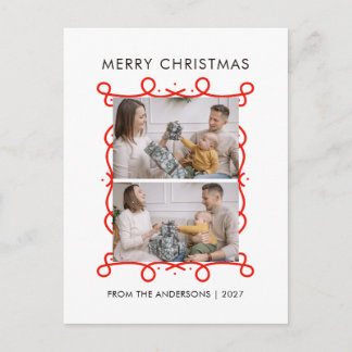 Whimsical Red Scroll Frame Merry Christmas 2 Photo Holiday Postcard