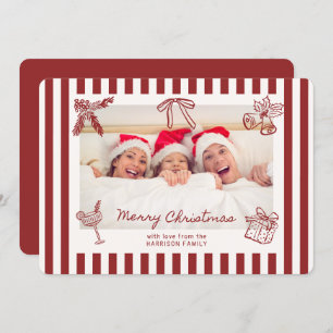 Whimsical Red Striped Family Photo Christmas Card 