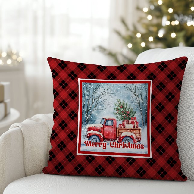 Whimsical red truck Christmas scene rustic festive Cushion (Whimsical red truck Christmas scene rustic festive pillow

)