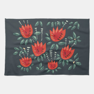 Whimsical Red Tulips Floral Art – Abstract Spring Tea Towel