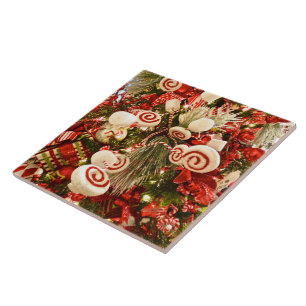 Whimsical Red & White Candy Themed Christmas Tree Ceramic Tile
