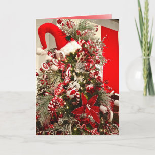 Whimsical Red & White Candy Themed Christmas Tree Holiday Card