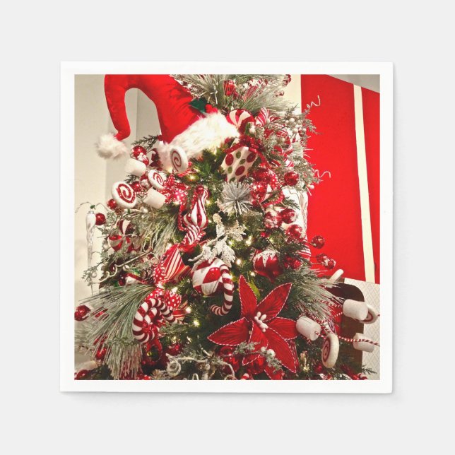 Whimsical Red & White Candy Themed Christmas Tree Napkin (Front)