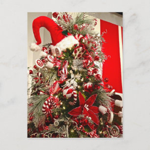 Whimsical Red & White Candy Themed Christmas Tree Postcard