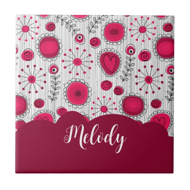 Whimsical red white hearts flowers floral name ceramic tile (Front)