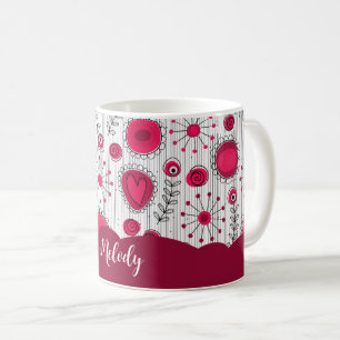 Whimsical red white hearts flowers floral name coffee mug