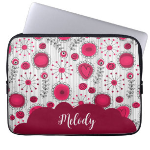 Whimsical red white hearts flowers floral name laptop sleeve