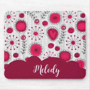 Whimsical red white hearts flowers floral name mouse pad