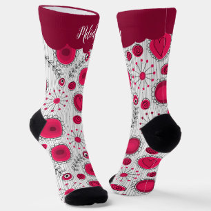 Whimsical red white hearts flowers floral name socks