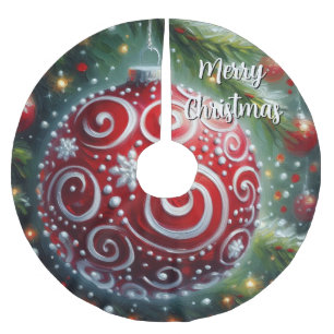Whimsical Red White Ornament Swirls Seasonal Brushed Polyester Tree Skirt