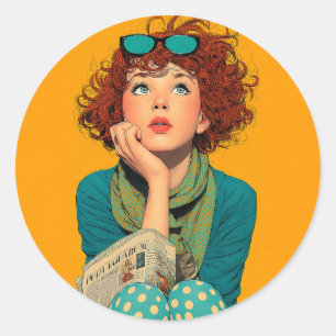 Whimsical Redhead in Polka Dots Classic Round Sticker