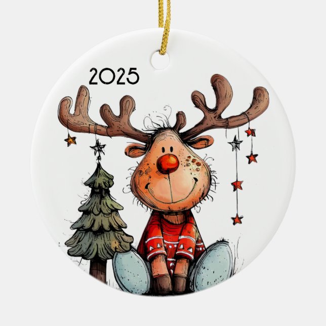 Whimsical Reindeer Ceramic Ornament (Front)