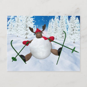 Whimsical Reindeer: Clumsy Skier Postcard