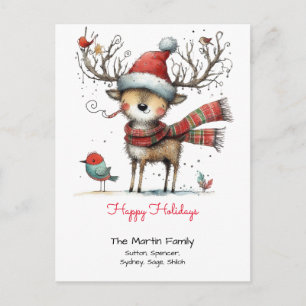 Whimsical Reindeer in a Santa Hat Happy Holidays Postcard