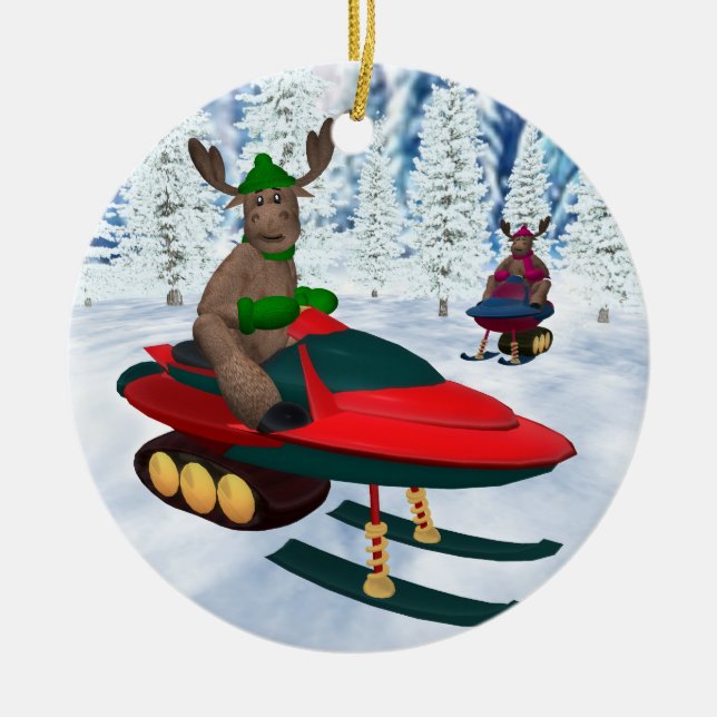 Whimsical Reindeer on Snowmobiles Ceramic Ornament (Front)