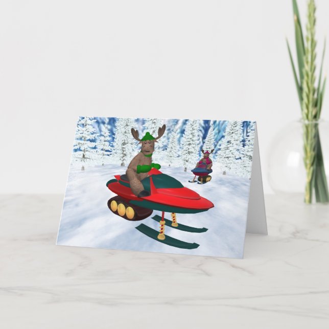 Whimsical Reindeer on Snowmobiles Holiday Card (Front)