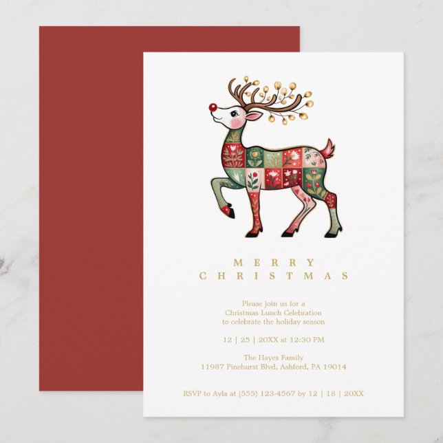 Whimsical Reindeer Patchwork Christmas Red TMF26 Invitation (Front/Back)