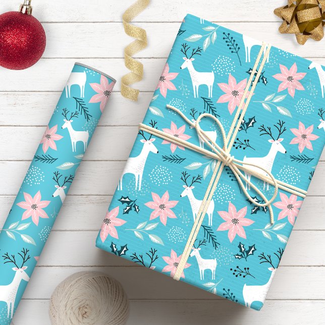 Whimsical Reindeer & Poinsettia Floral Christmas Wrapping Paper (Creator Uploaded)