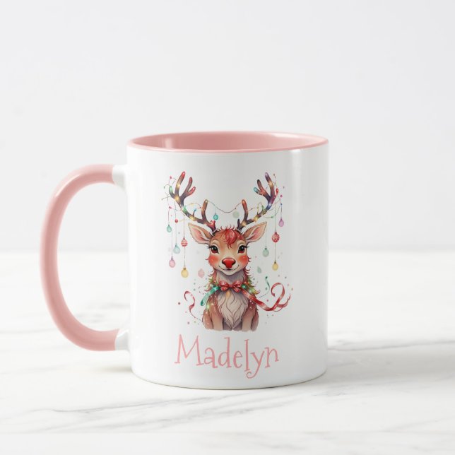 Whimsical Reindeer Rudolph and Christmas Lights Mug (Left)