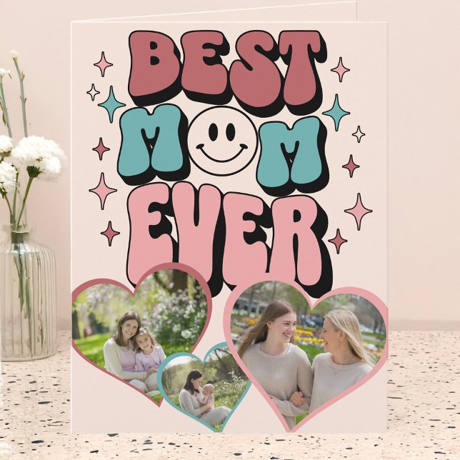 Whimsical Retro Best Mum Heart Shaped Photo Card (Best Mom Ever Retro Multi Photo Mother's Day Card by Darling & May)