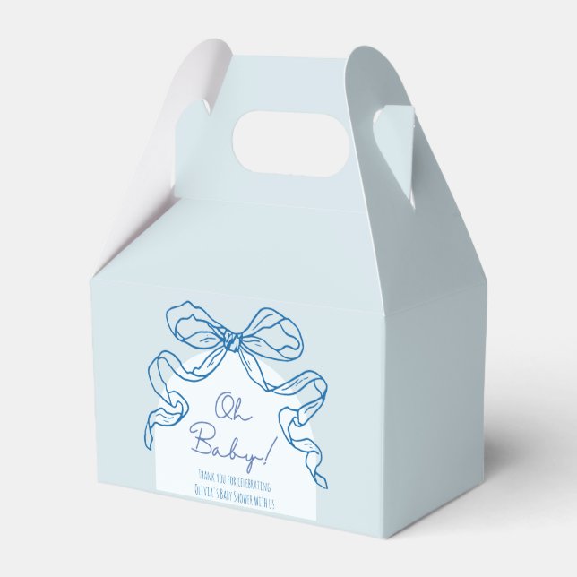 Whimsical Retro Blue Hand Drawn Bow Baby Shower Favour Box (Front Side)