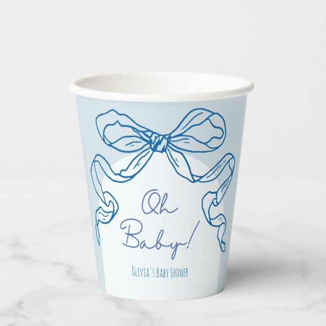 Whimsical Retro Blue Hand Drawn Bow Baby Shower Paper Cups (Front)