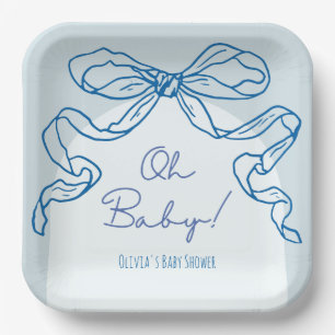 Whimsical Retro Blue Hand Drawn Bow Baby Shower Paper Plate
