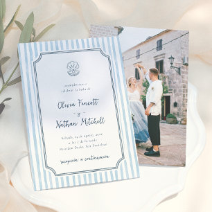 Whimsical Retro Blue Stripes Spanish Wedding Invitation