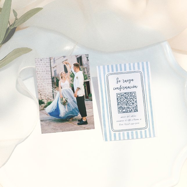 Whimsical Retro Blue Stripes Spanish Wedding RSVP Enclosure Card (Creator Uploaded)