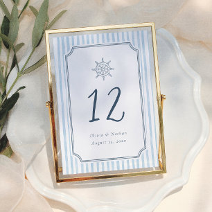 Whimsical Retro Blue Stripes Wedding Table Number
