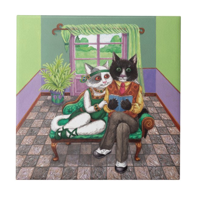 Whimsical Retro Cats from the Roaring 1920s Ceramic Tile (Front)